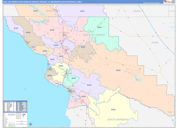 San Luis Obispo-Paso Robles-Arroyo Grande Metro Area Wall Map Color Cast Style